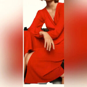 H&M Long Maci knotted sheer Red Wrap V neck Dress Sz 12